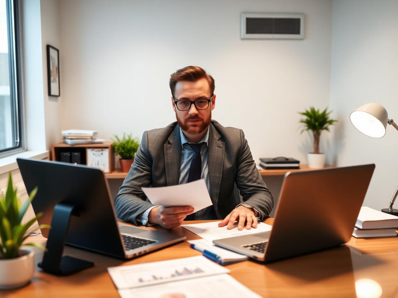 Finanzmakler arbeitet konzentriert an Beratungsdokumentation